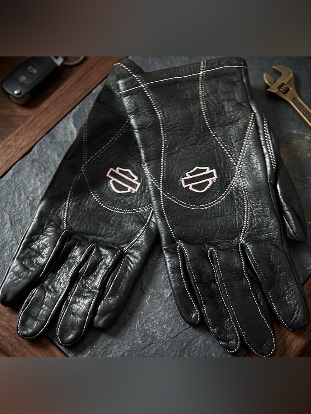 🌸 Harley Davidson Pink Stitch Leather Motorcycle Gloves 🏍️
